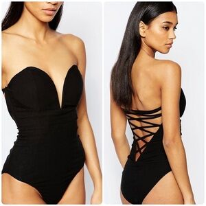 Rare London Sweetheart Plunge Bodysuit with Lace up Back